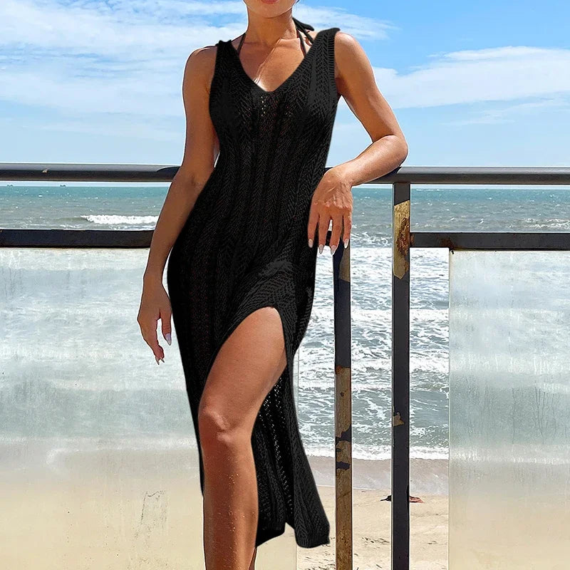 Maxy Summer Ladies Vacation Hollow Out Robe Women Solid Knitted Maxi Dress Fashion Sleeveless Sexy Beach Cover Up Dresses