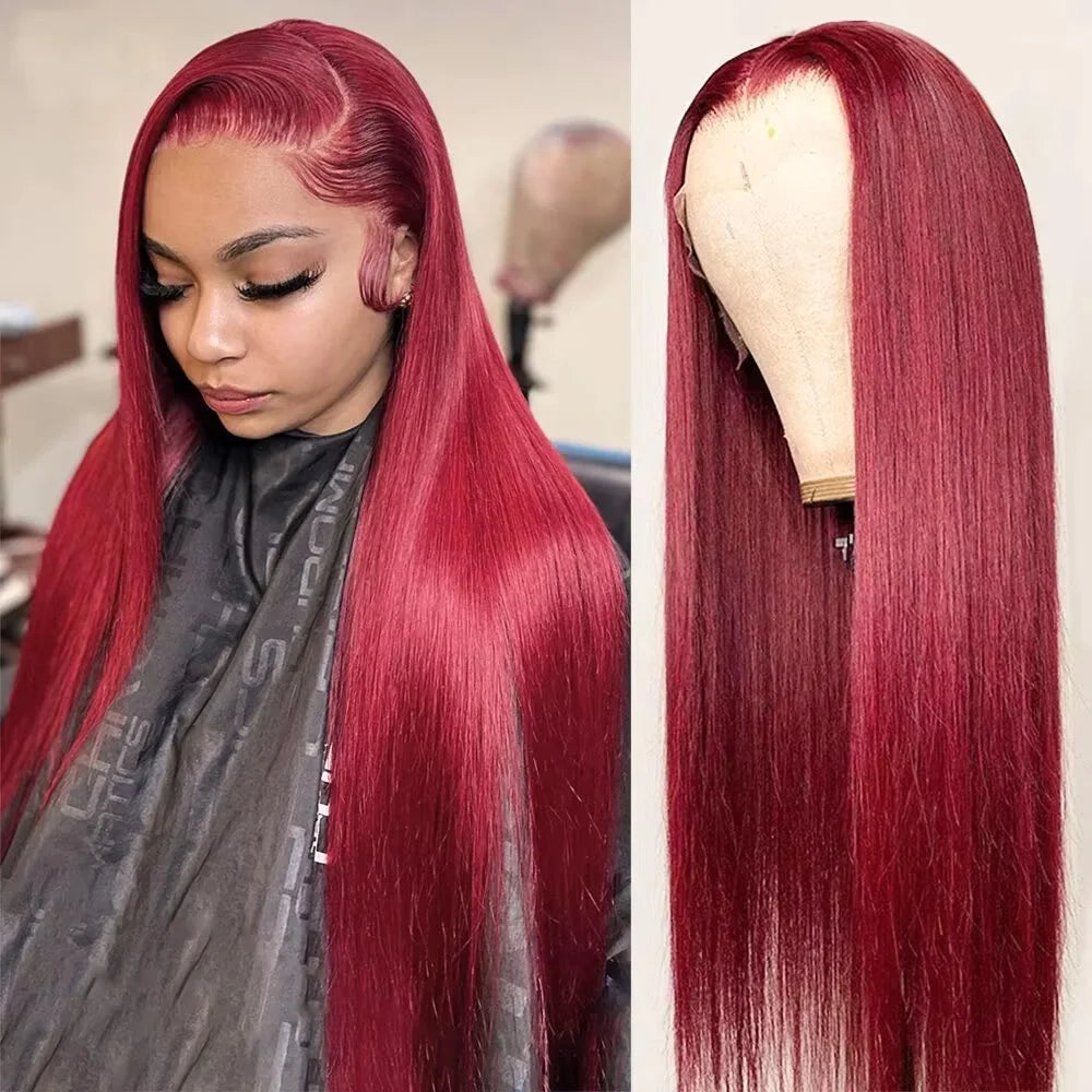 Maxy 200 Density 99J Straight Lace Frontal Wig Human Hair 13x6 HD Lace Front Wig Pre Plucked Bleached Knots Glueless Wigs 46 Inches