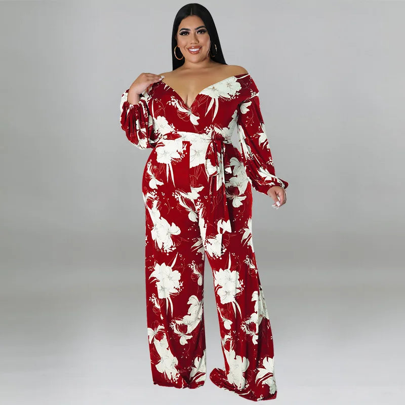 Amay Plus Size Floral Print Jumpsuit Female Casual Loose Elegant Clothing Women One Piece Outfit Autumn Fashion Wide Leg Pants
