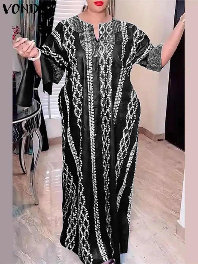 Maxy Plus Size 5XL VONDA Autumn Bohemian Printed Dress Women Vestidos Casual Half Sleeve Maxi Sundress Simple Elegant Long Robe