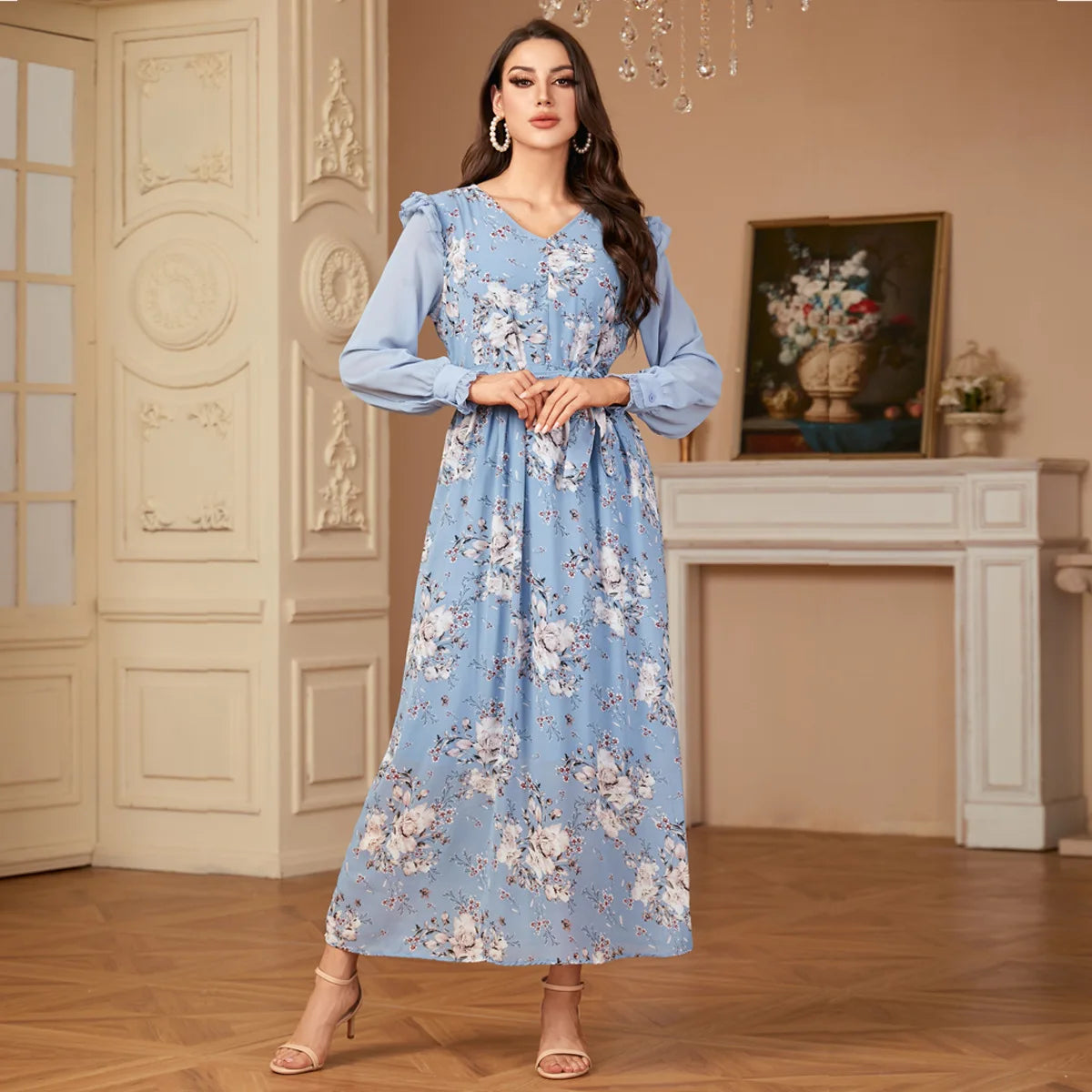 Maxy Fashion Women Floral Print Maxy Dress for Women Muslim Abaya Elegant Dubai Kaftan Turkey Arabic Robe Islamic Jalabiya Gown