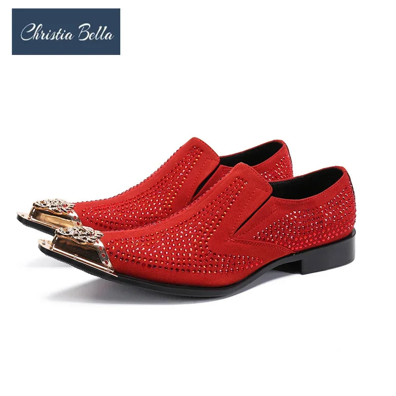 Amay Christia Bella Designer Red Black Rhinestone Party Men Shoes Metal Pointed Toe Wedding Dress Shoes Real Leather Business Shoes