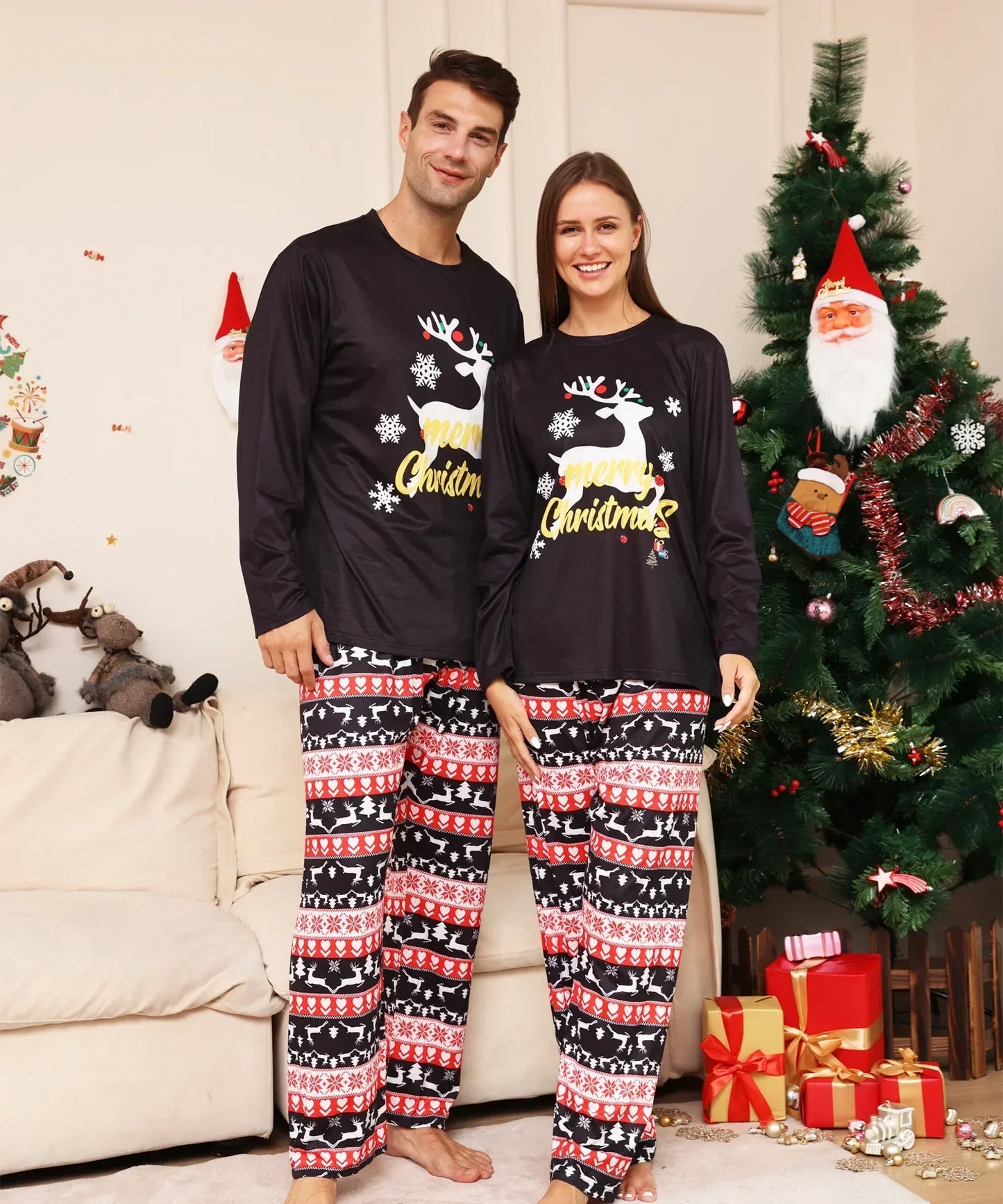New Year's Clothes 2024 Deer Print Christmas Pajamas Set Family Matching Clothes Baby Dog Romper Long Sleeve Sleepwear Xmas Look