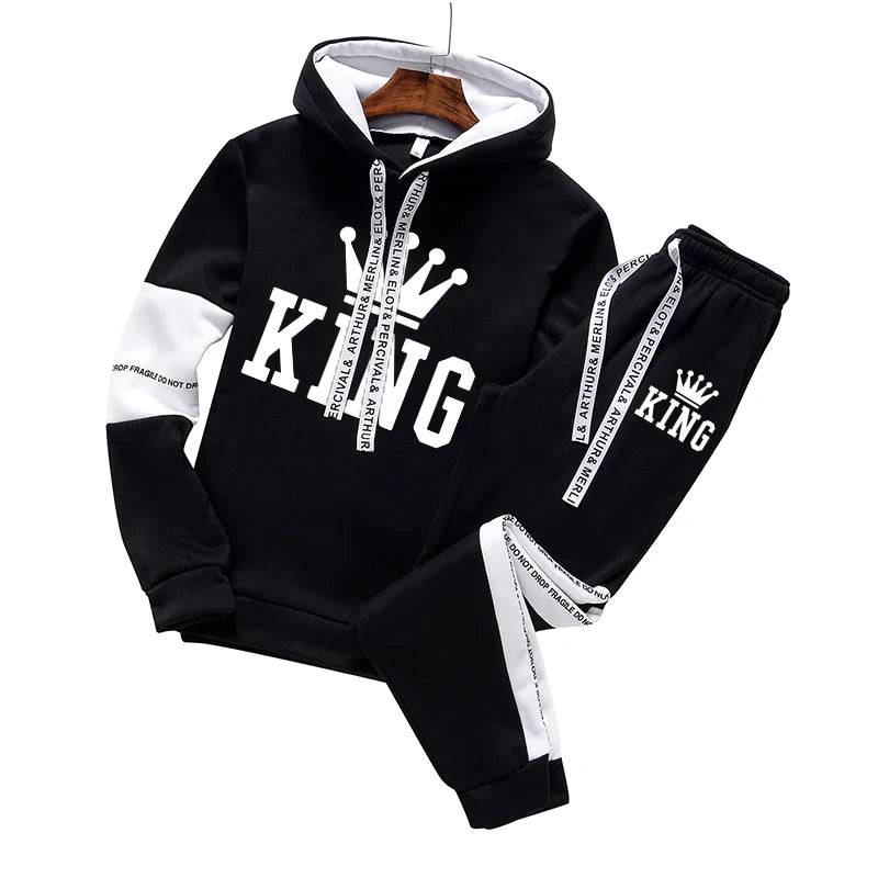 Visco King Printing Mens Tracksuit Casual Hooded Sweatshirt +Sweatpant 2 Piece Set Gym Sports Jogging Clothing AutumnWinter Outfit