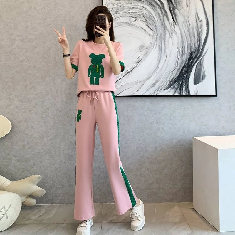 Amay Women's Sweat Suit Spring Summer New Fashion Korean Short Sleeved T-shirt Tops Pants 2 Two Piece Set Female Casual Clothes