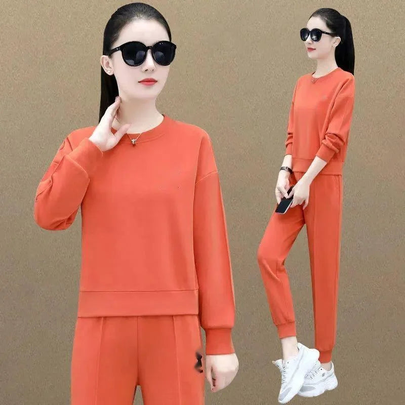 Maxy Round Necked Sports Suit For Women In Spring And Autumn New Fashion Korean Long Sleeve Crop Top And Pants 2 Two Piece Set