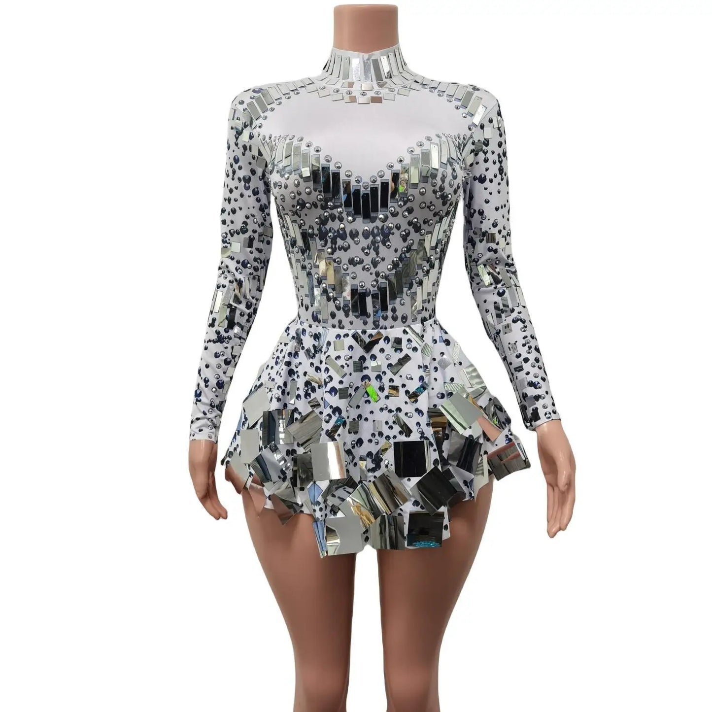 Maxy Fashion Stretch Sequins Mirror Dress Women Bodysuit Dancewear Long Sleeve Drag Queen Costume Rave Festival Night Out BodySuits