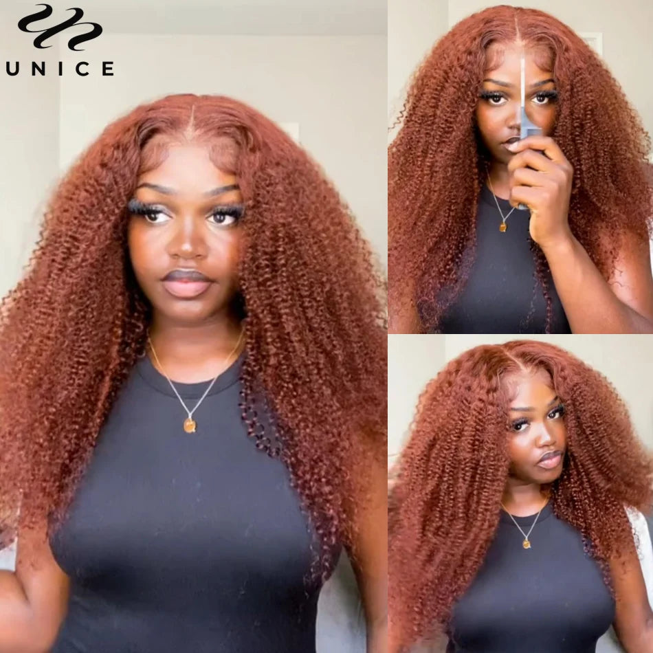 UNICE Hair 200% Density Reddish Brown Kinky Curly Lace Wig Pre Cut 6x4.75 Lace Closure Wig Glueless Wig Human Hair Ready To Wear