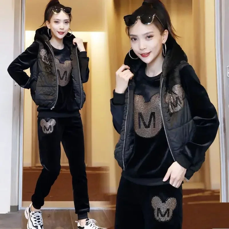 Maxy Gold Velvet Suit Women's Autumn and Winter New Fleece-Lined Thickened Double-Sided Fleece Korean Casual Sports Three-Piece Suit