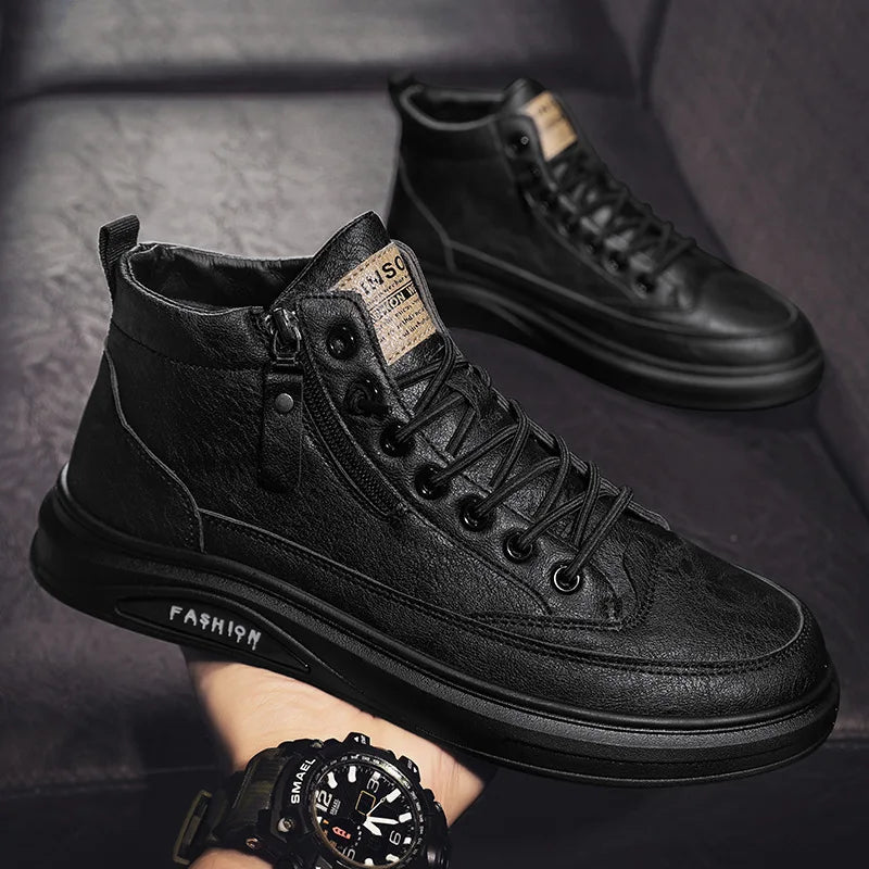 Amay Leather Men's Boots Outdoor Comfor Sneakers Shoes Man Platform Warm Fur Ankle Short Lace Up Boots Fashion Casual Work Shoes Man