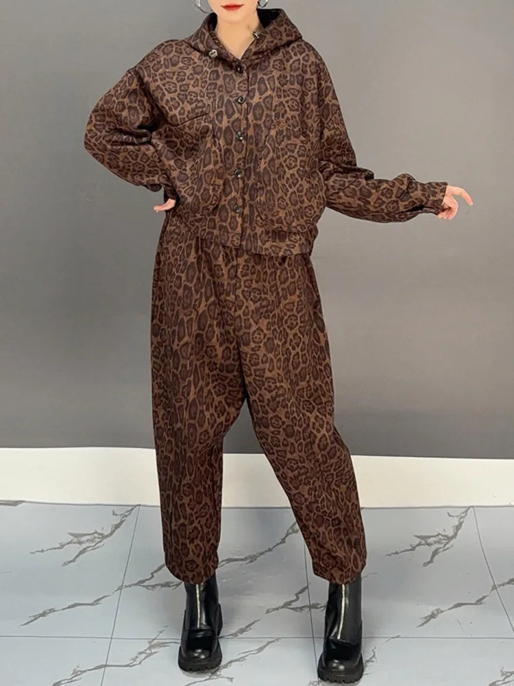 Maxy SHENGPALAE Print Pants Set For Women Single Breasted Hooded Jackets + Harem Trousers Vintage Style New Clothing 5C1760