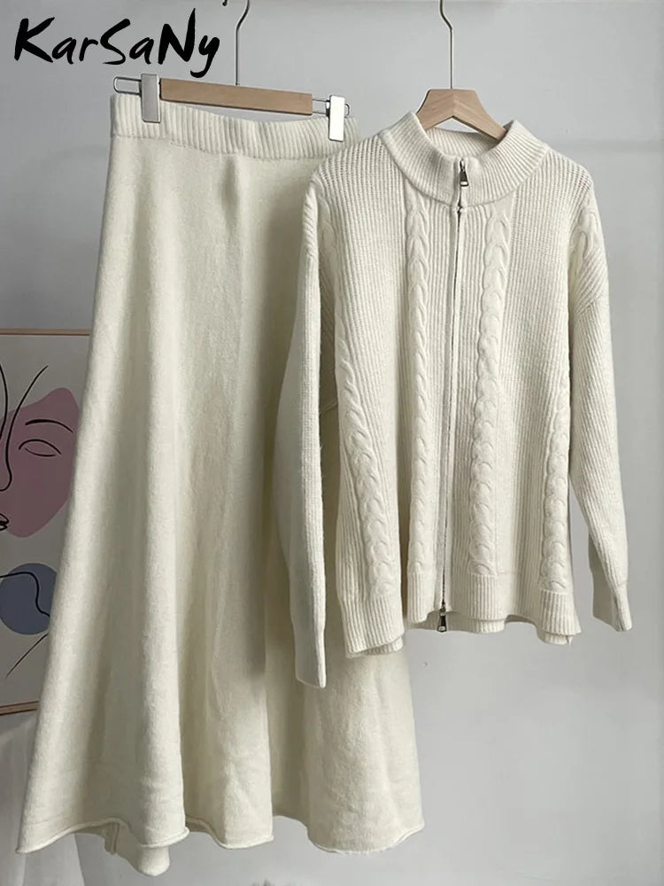 Maxy Sets For Women 2 Pieces Skirt Sweater Knitted Zipper Cardigan Stand Collar Solid Autumn Warm Winter Skirt Elegant Women's Sets
