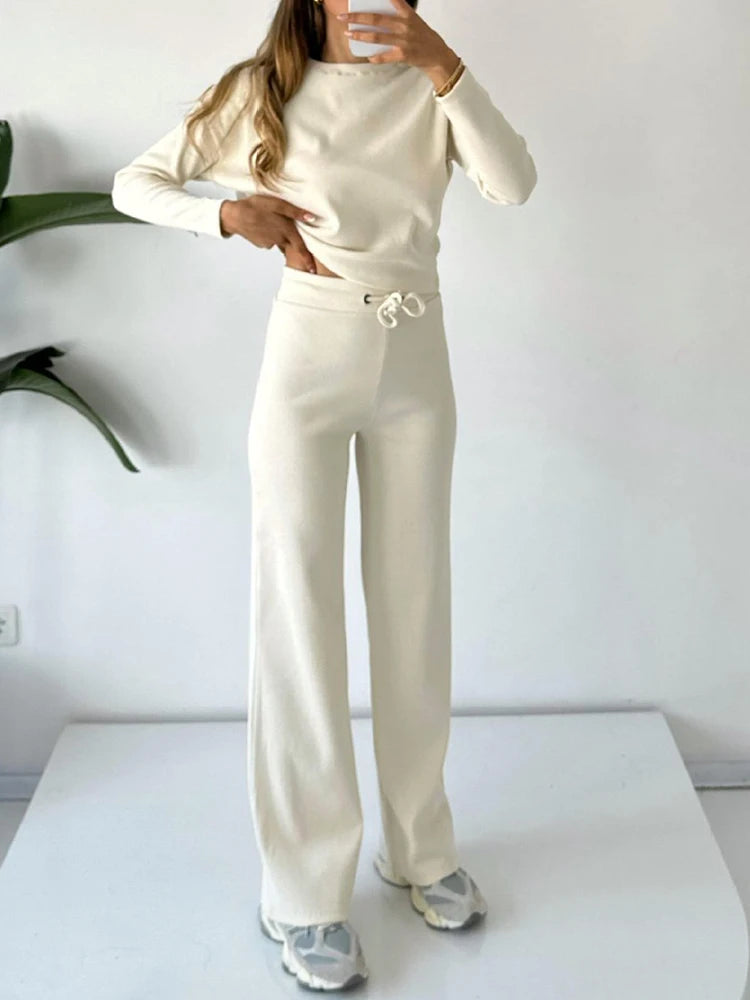 White Women's Tracksuit with Long Sleeve T-shirt 2024 Spring Wide Leg Trousers Two Piece Set Knitted Suits for Women O-neck Tees