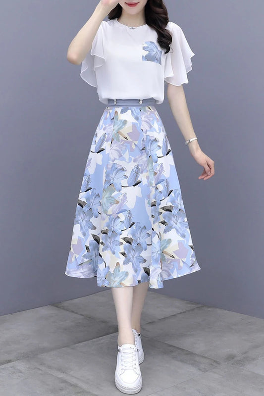 Maxy Women's Suits Summer New Fashion Casual Slim Temperament Floral T-shirts Skirts Female Two Piece Sets SJ431