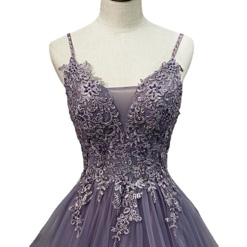 Maxy Elegant Club Banquet Purple Strap Dress Vocal Art Exam Senxi Colorful Silk Fairy Air Silk Dress Hosting Evening Dress