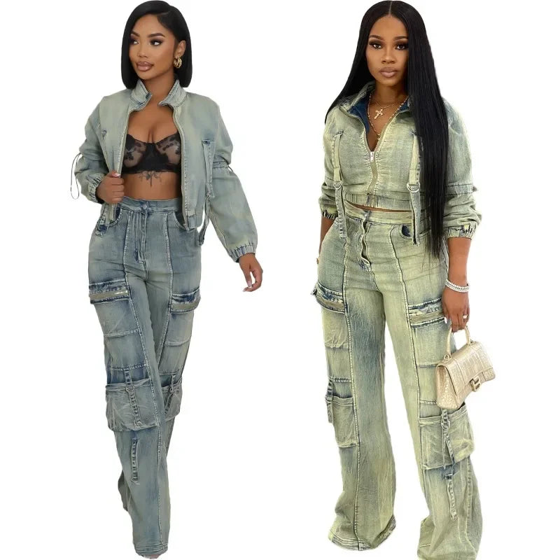 Women Fashion Multi Pockets Denim Two 2 Piece Set Long Sleeve Zip-up Jackets Crop Top + High Waist Cargo Pants Jeans Suit