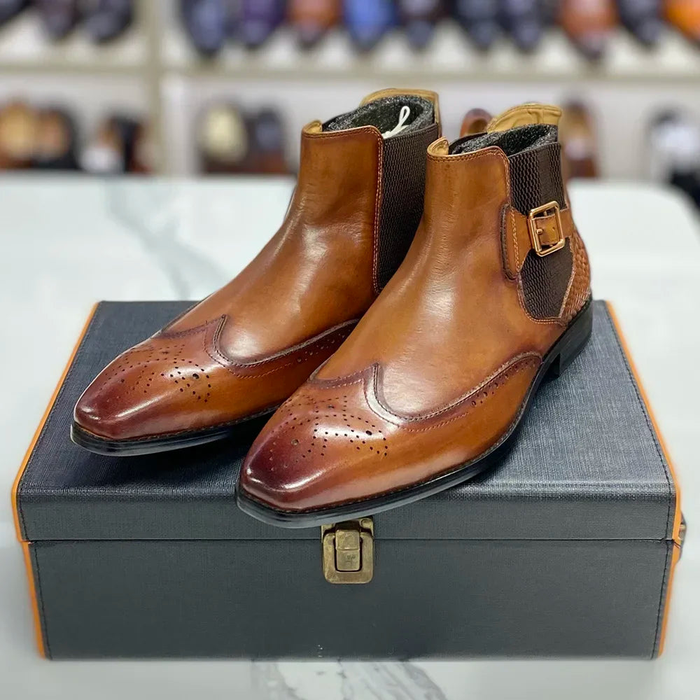 Visco Men's Real Cow Leather Ankle Boots, Slip on Buckle Strap Wing Tip Luxury Design Classic Dress Boots Handmade Basic Shoes for Men