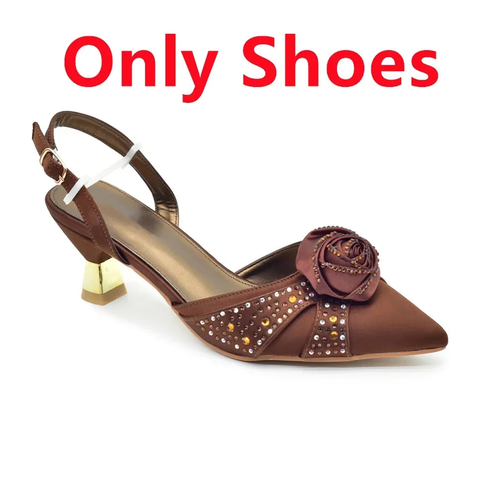 Maxy Hollow Design Shoes Matching Bag in Coffee Color Comfortable Heels Ladies Sandals Party Elegant Slingback Pointed Pumps