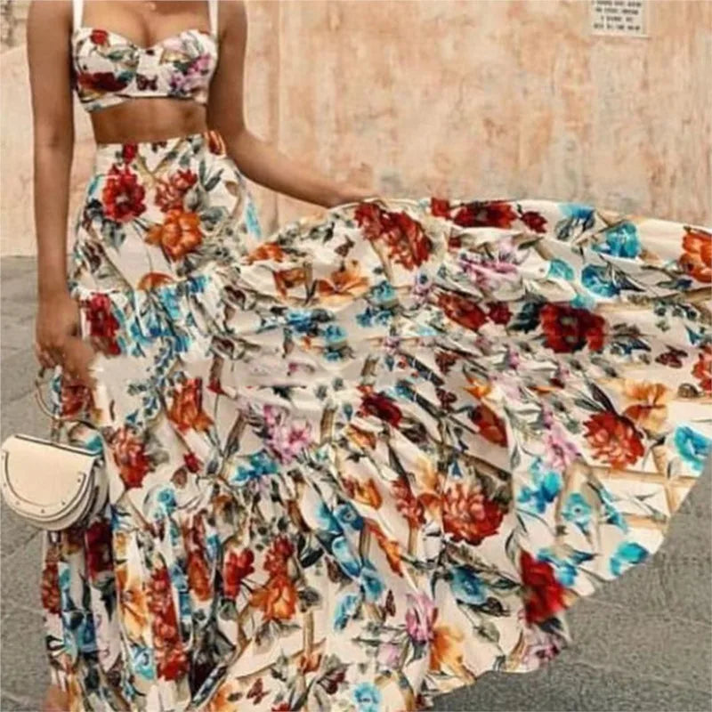 Maxy Bohemian Print Skirt Two Piece Set For Women Sexy Crop Camisole Top And Skirts 2 Piece Sets Summer Beach Holiday Suit Female