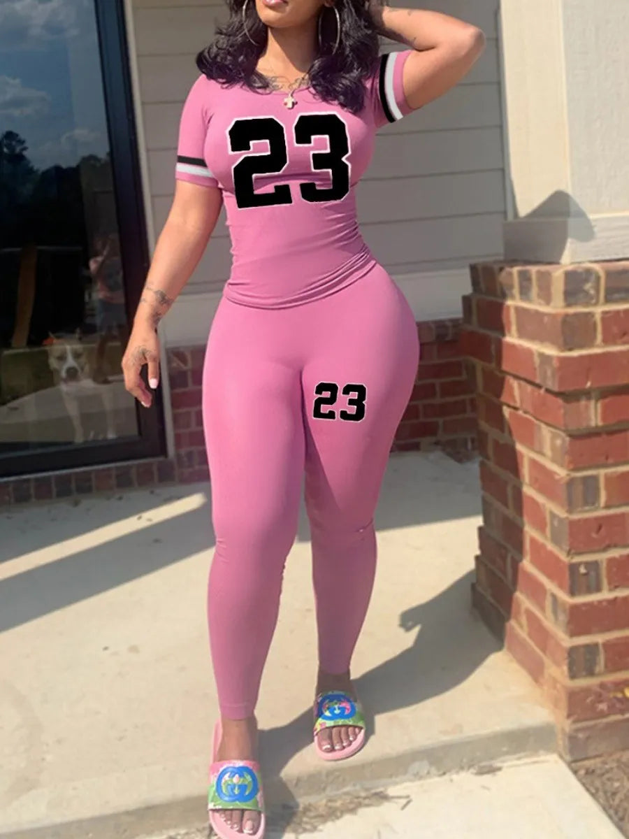 Maxy Plus Size Women Two Piece Tracksuits 23 Digital Print Skinny Pants Set  short Sleeve Sweatshirt +Skinny Pants Set Women Track