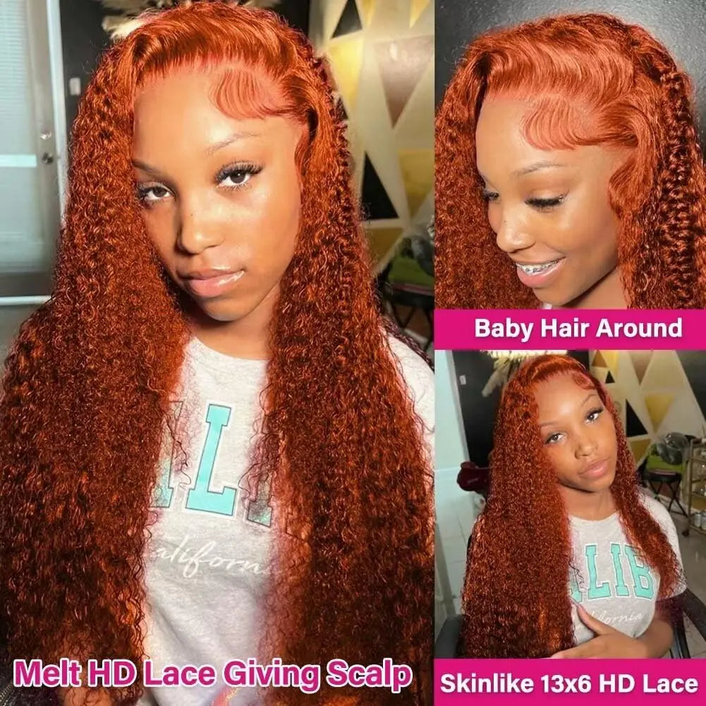 Orange Ginger 13x6 HD Lace Frontal Wig Water Wave Lace Front Wig Curly Human Hair Wigs 30 Inch Loose Deep Wave Frontal Wig