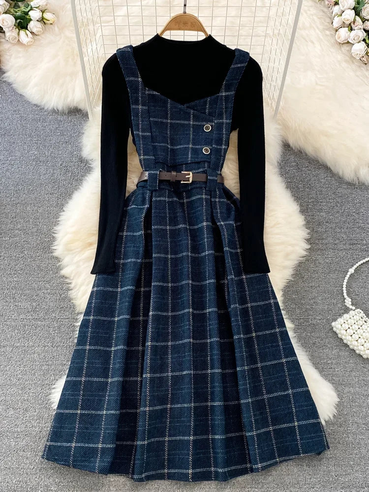 Maxy High Quality Fall Winter Women Sweater Overalls Dress Sets Casual Knitted Tops +Plaid Woolen Dress 2 Piece Sets Outfits Female