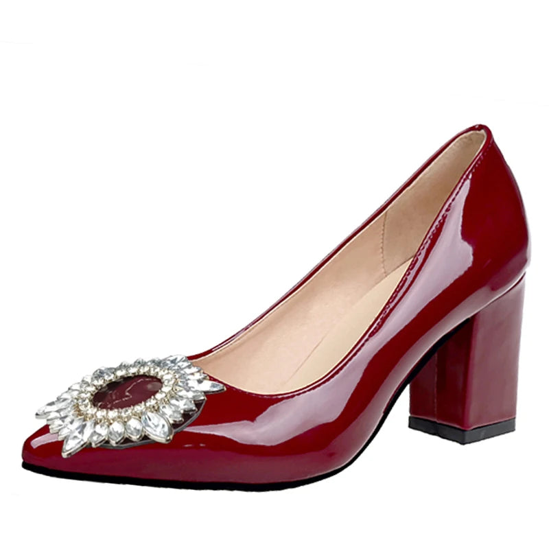 Amay Extravagant Crystals Buckle Pumps Women's Shoes 7cm Chunky High Heel Pointed Toe Patent Leather Shoes Female Plus Size 49 50