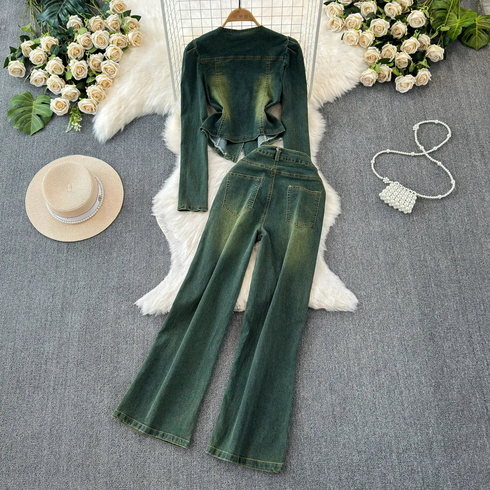 Amay Women's Long-sleeved Denim Set Korean Version V-neck Single-breasted Jeans Jacket + Casual High-waiste Straight Pants