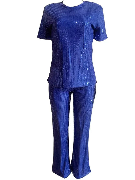 Maxy Autumn Casual Sequin Two Piece Set for Women Fashion Solid Short Sleeved Tshirt Wide Leg Pants Sequin Two Piece Set Women