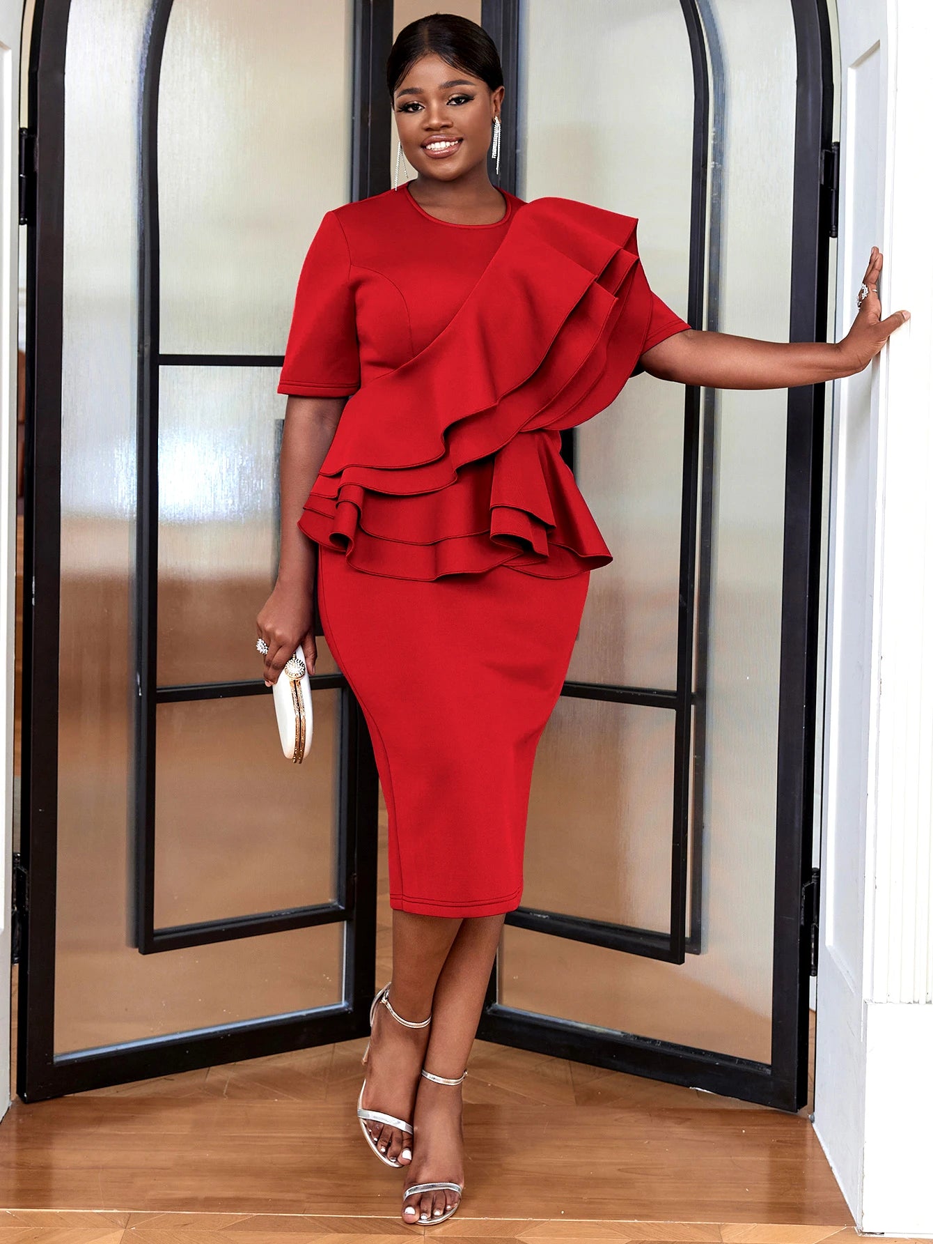 Plus Size 4XL Elegant Peplum Dress For Women O Neck Ruffle Sheath Stylish Birthday African Church Celebrate Evening Event Gown