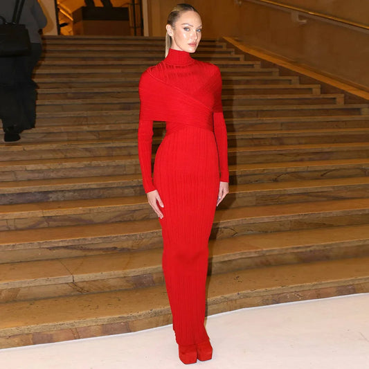 Maxy Women's Party Dresses Luxury Winter New Red Bandage Long Dress Turtle Neck Cross Design Knitted Slim Fit Evening Gown