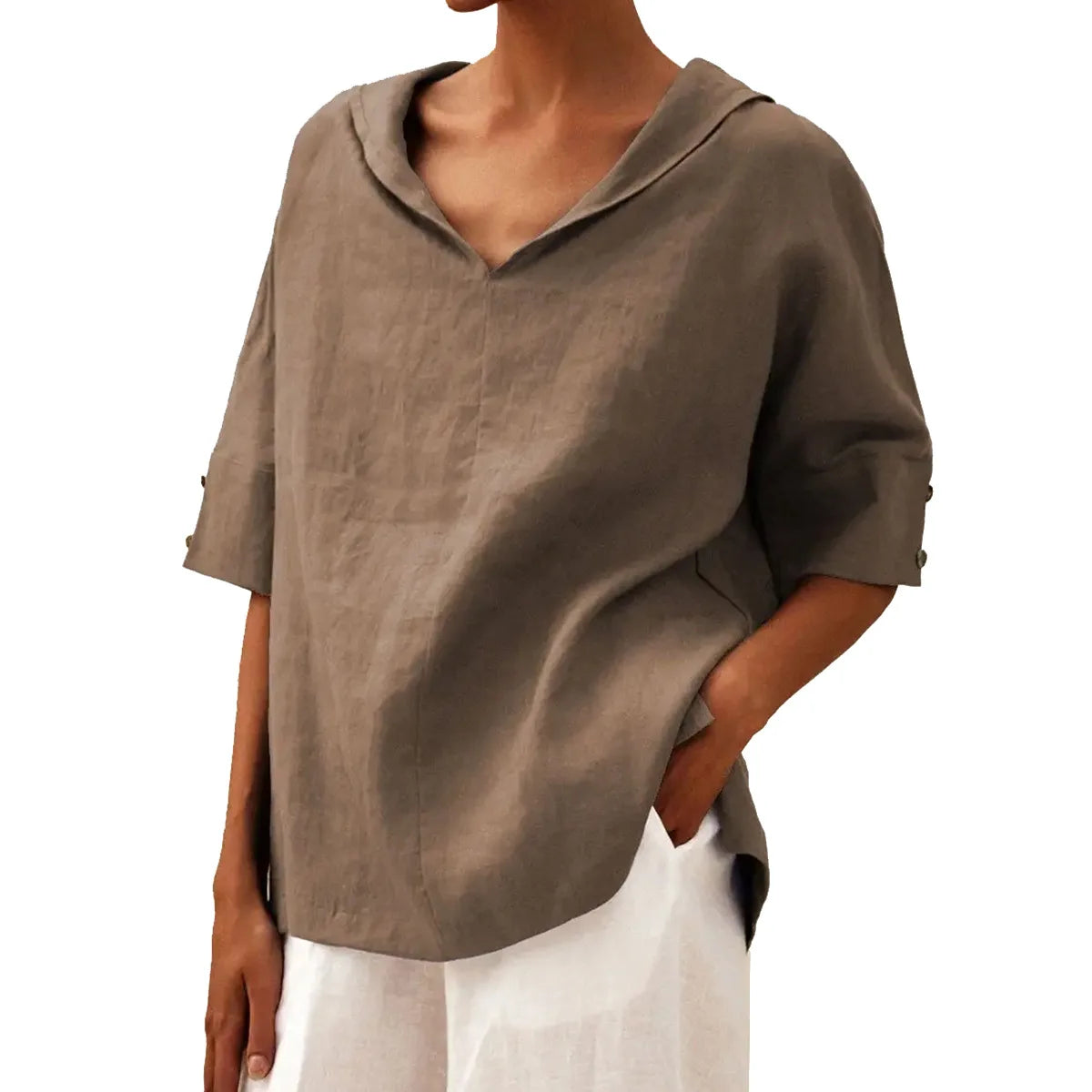 Maxy Women's Loose V-Neck Cotton Linen Shirt, Casual Elegant Summer Blouse Office Wear