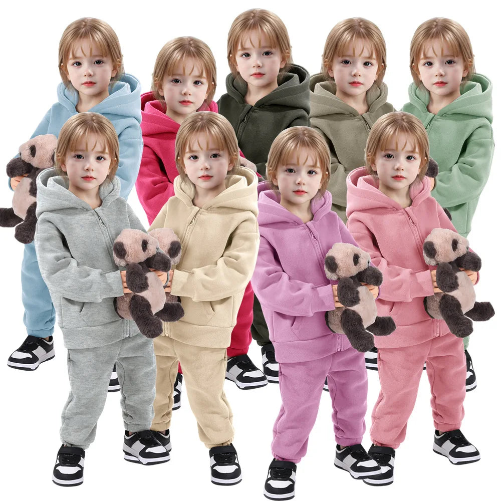 Maxy Children Hooded Tracksuits Suits Toddler Boys Girls Clothing Solid Plush Autumn Winter Sweatshirt Jacket Coats Sports Pants Set