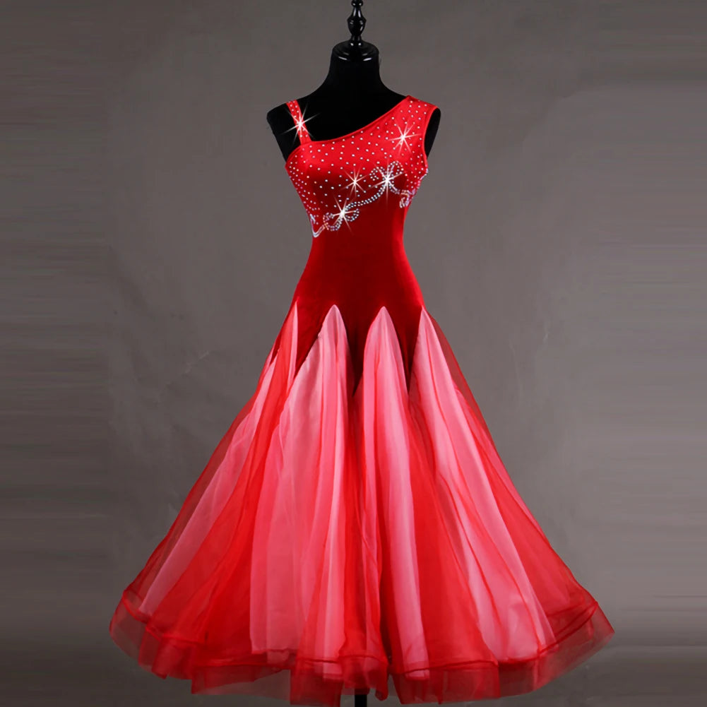 Maxy Waltz Ballroom Competition Dress Practice Wear Dance Performance Stage Costume Evening Party Gowns Rhinestones Big Swing