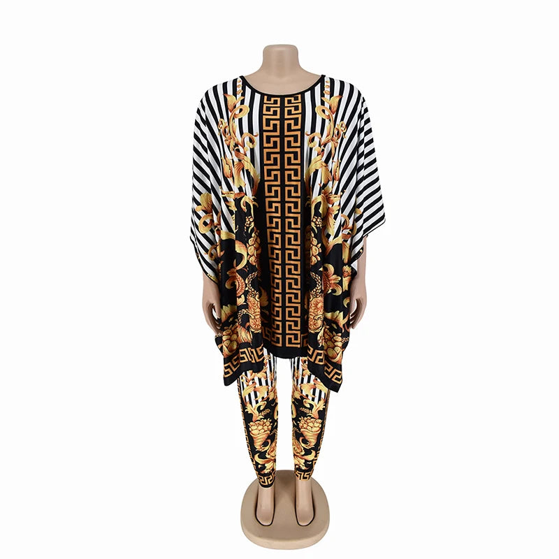 Maxy Loose African Style Women Top Pants Two Pieces Set Leopard Print Plaid Striped Dashiki Brand Outfit Party Fashion Lady Suit