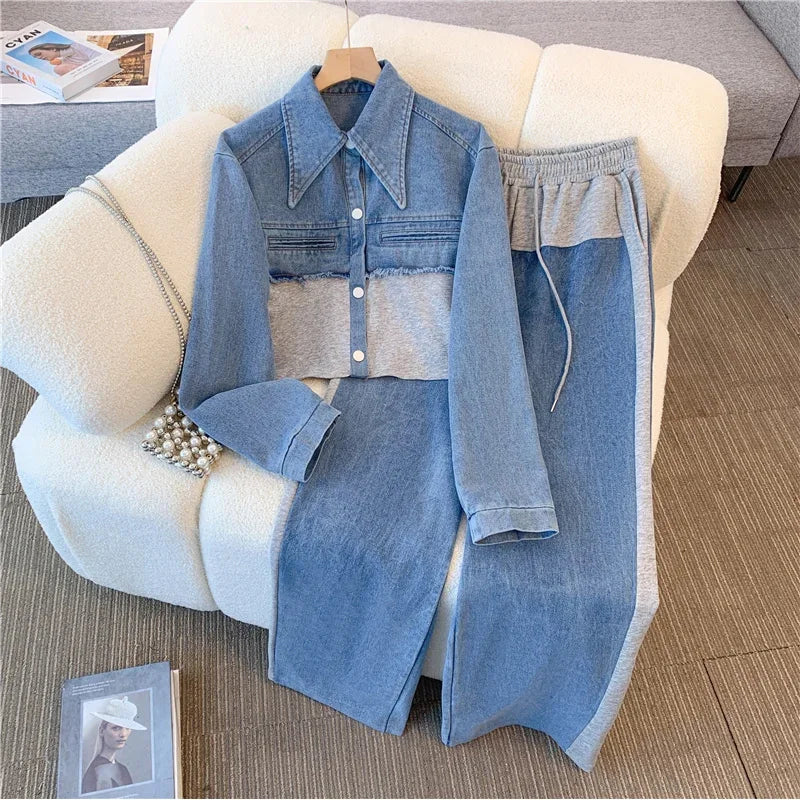 Maxy 2024 Vintage Women Patchwork Denim Jacket Pant Sets Long Sleeve Cropped Coat+High Waist Wide Leg Pants Streetwear Suit