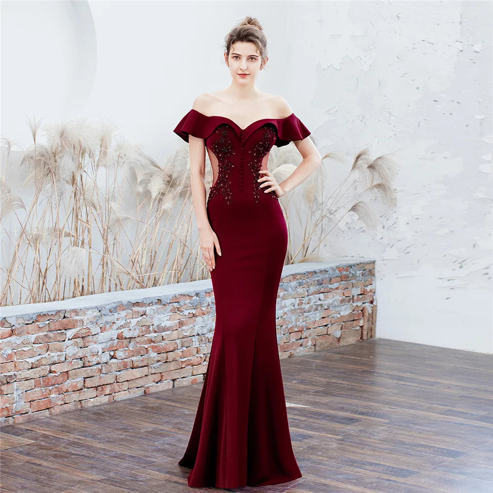 Maxy Customized Women's Elegant V Neck Floral Ruffle One Shoulder Evening Formal Maxi Gown Mermaid Bodycon Party Prom Wedding Dress