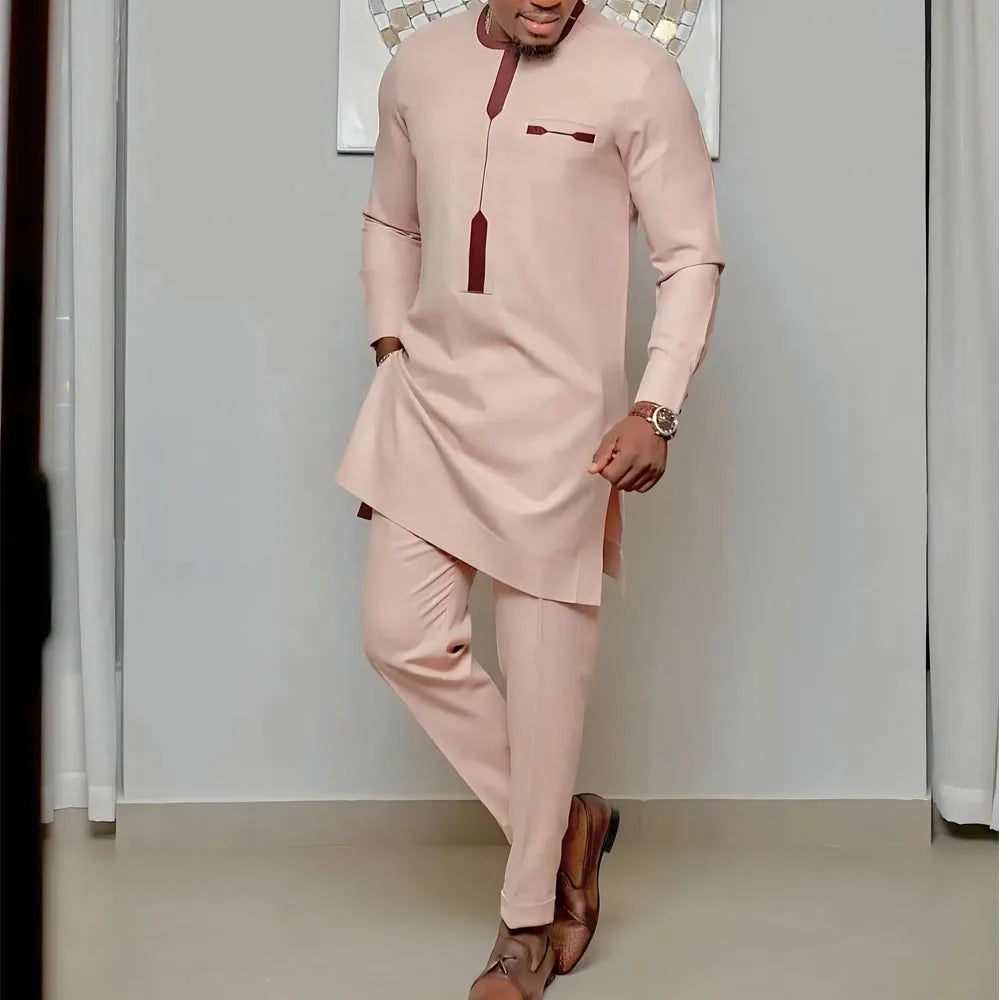 Amay New Kaunda Men's Set Fashionable and Elegant Men's Wedding Set Round Neck Long Sleeve Embroidered Men's Full Set Suit