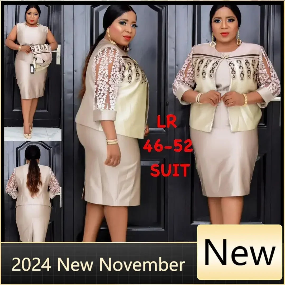 Maxy 2 Piece Set long Coat and Dress Christmas African Midi Dresses Women Bazin Riche African Clothing Dresses Africa Clothes