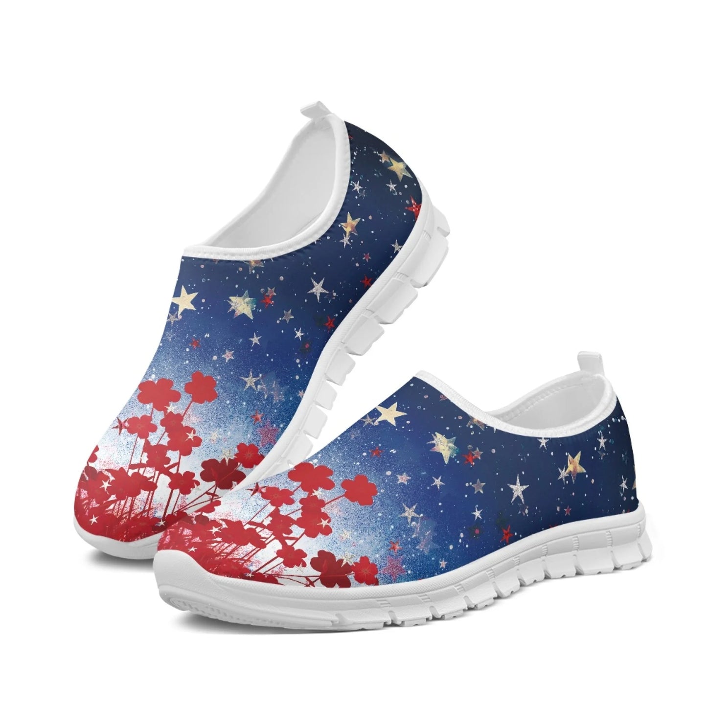 Maxy Women Flat Shoe Red Flowers Stars Walking Comfortable Casual Workout Sneakers Breath Mesh Shoes Loafers
