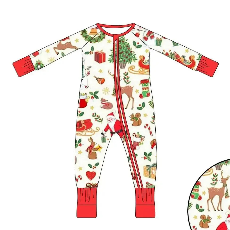 Maxy Boutique children's suit Christmas long-sleeved lace deer tree socks print girls dress boys' pajamas set baby zipper jumpsuit