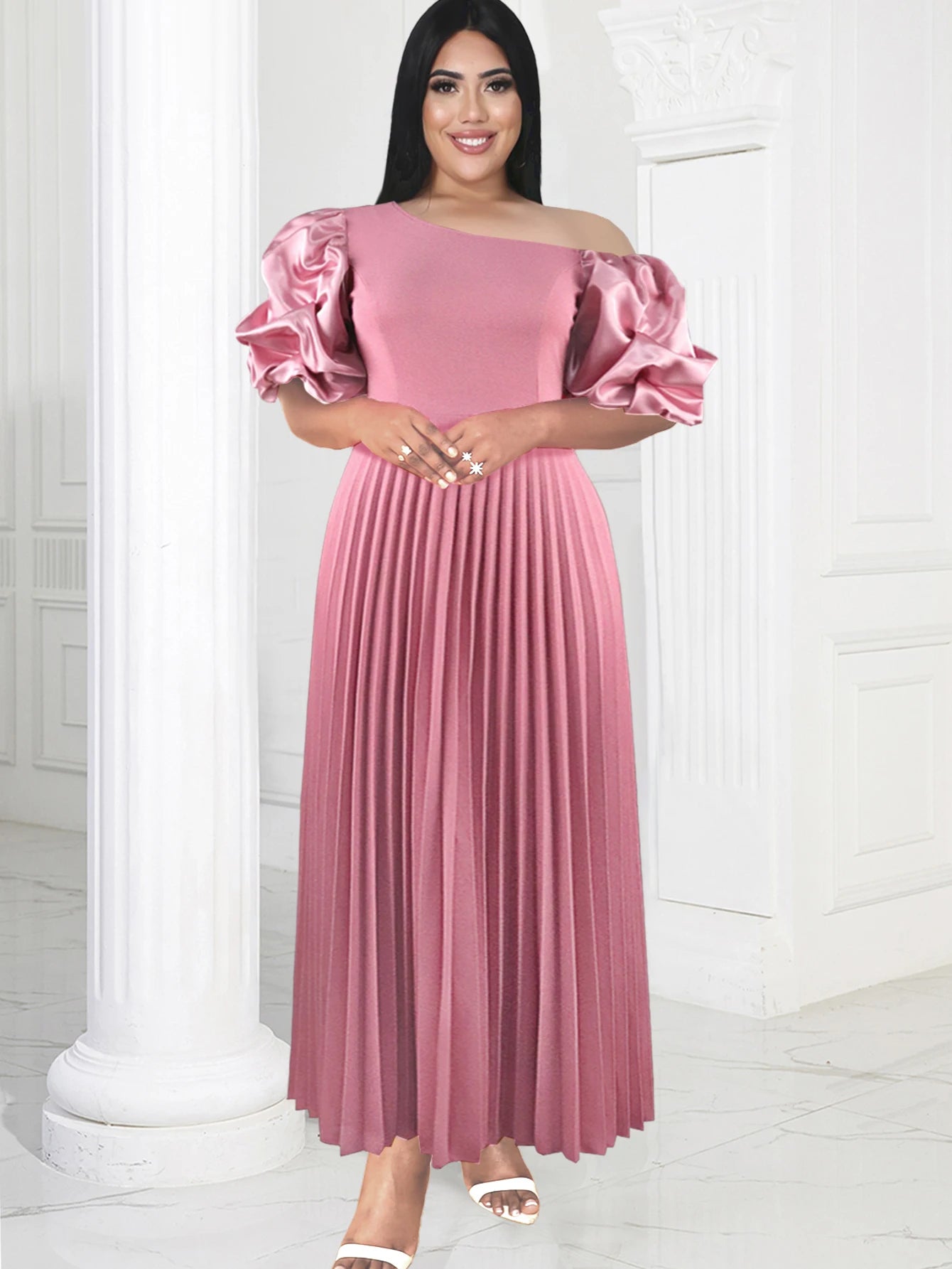 Amay Cold Shoulder Dresses Plus Size Short Puff Sleeve Pink Empire A Line Pleated Prom Outfits for Ladies Event Party 3XL 4XL
