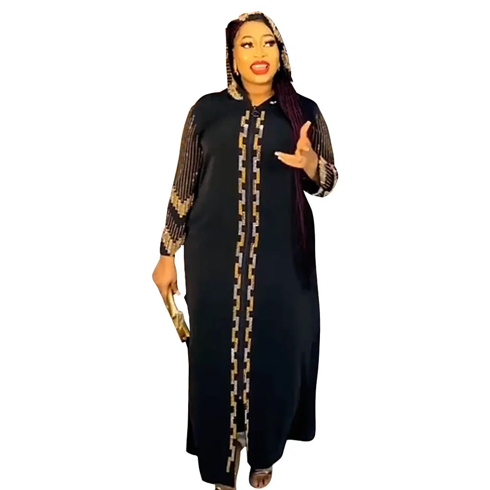 Maxy African Dresses for Women Autumn Fashion African Long Sleeve V-neck Black Long Dress African Clothing