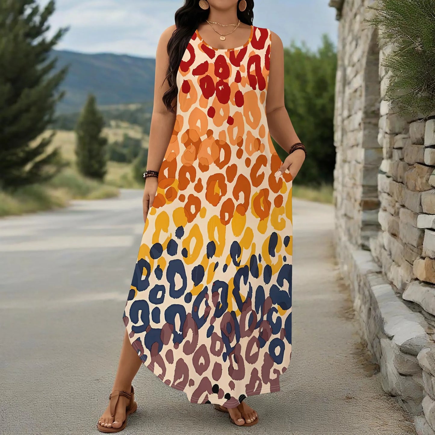 Maxy Plus Size Sleeveless Leopard Print Maxy Dress Gradient Colorful Summer Casual Beach Holiday Sundress