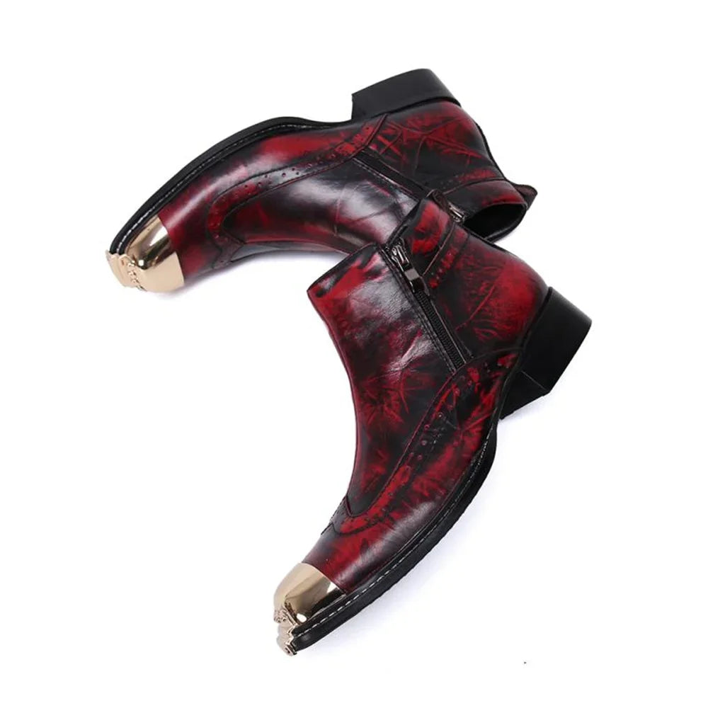 Visco Red Printing Wit Gold Metal Zipper Genuine Leather High Heels Pointed Toe Boots Male Plus Size Fashion Party Wedding Dress Shoes