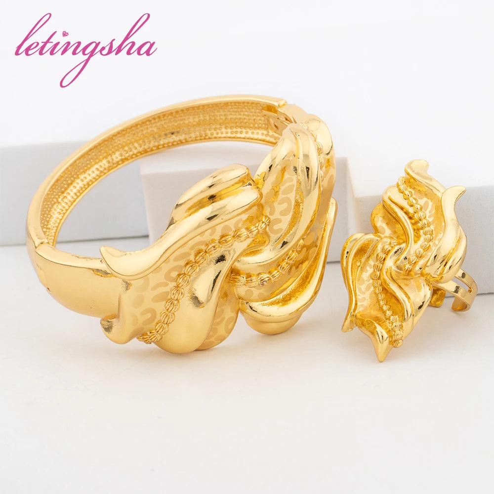 Amay Copper Gold Plated Jewelry Set Hip Hop Key Design Necklace Earrings Luxury Classic Bangle Ring Set Daily Wear Party Gift