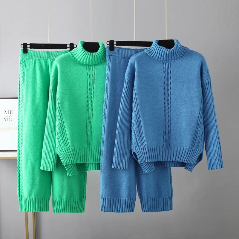 Maxy HLBCBG Cashmere Women Tracksuits Knitted Thick Women Turtleneck Sweater 2/Two Piece Sets Drawstring Harem Pants Suits Outfits