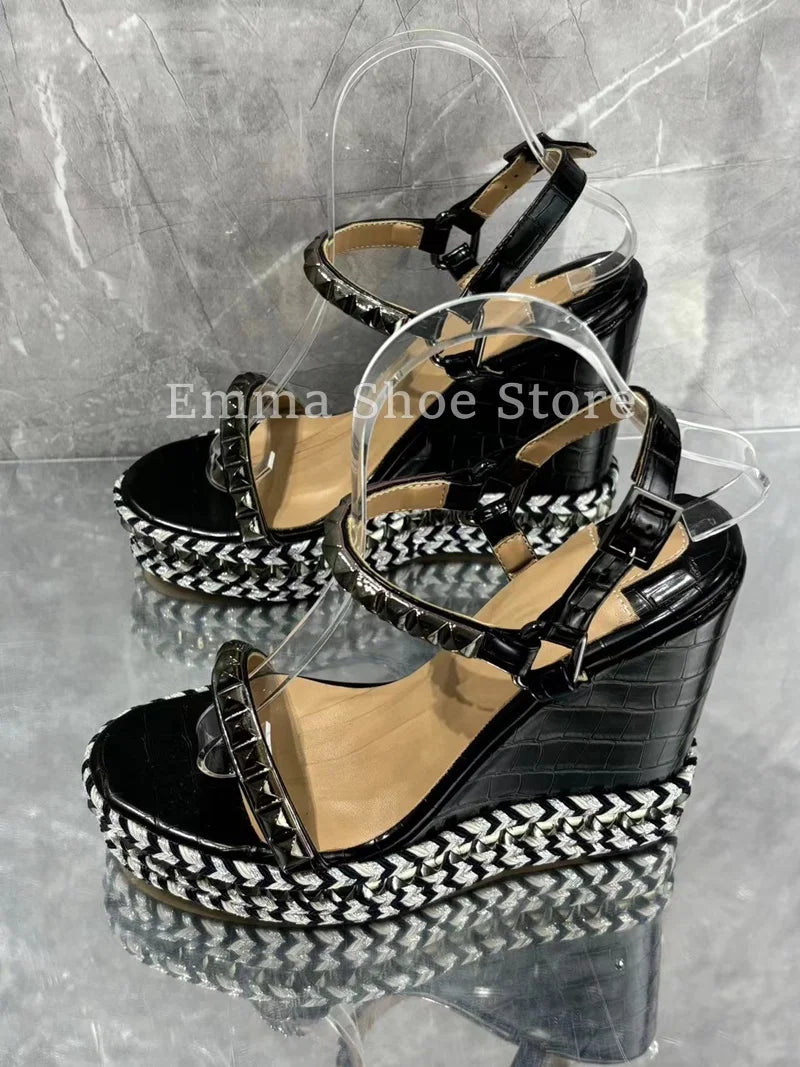 Visco Women's Summer Versatile Wedge Heel Dress Shoes Designer Buckle Platform Banquet High Heel Pumps Large Size Sandals