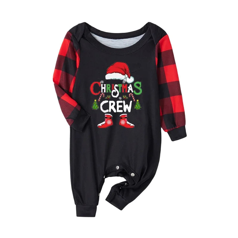 Maxy Family Matching Christmas Pajamas, Baby Romper/Letter Christmas Hat Print Long Sleeve Tops + Plaid Pants Sleepwear Set
