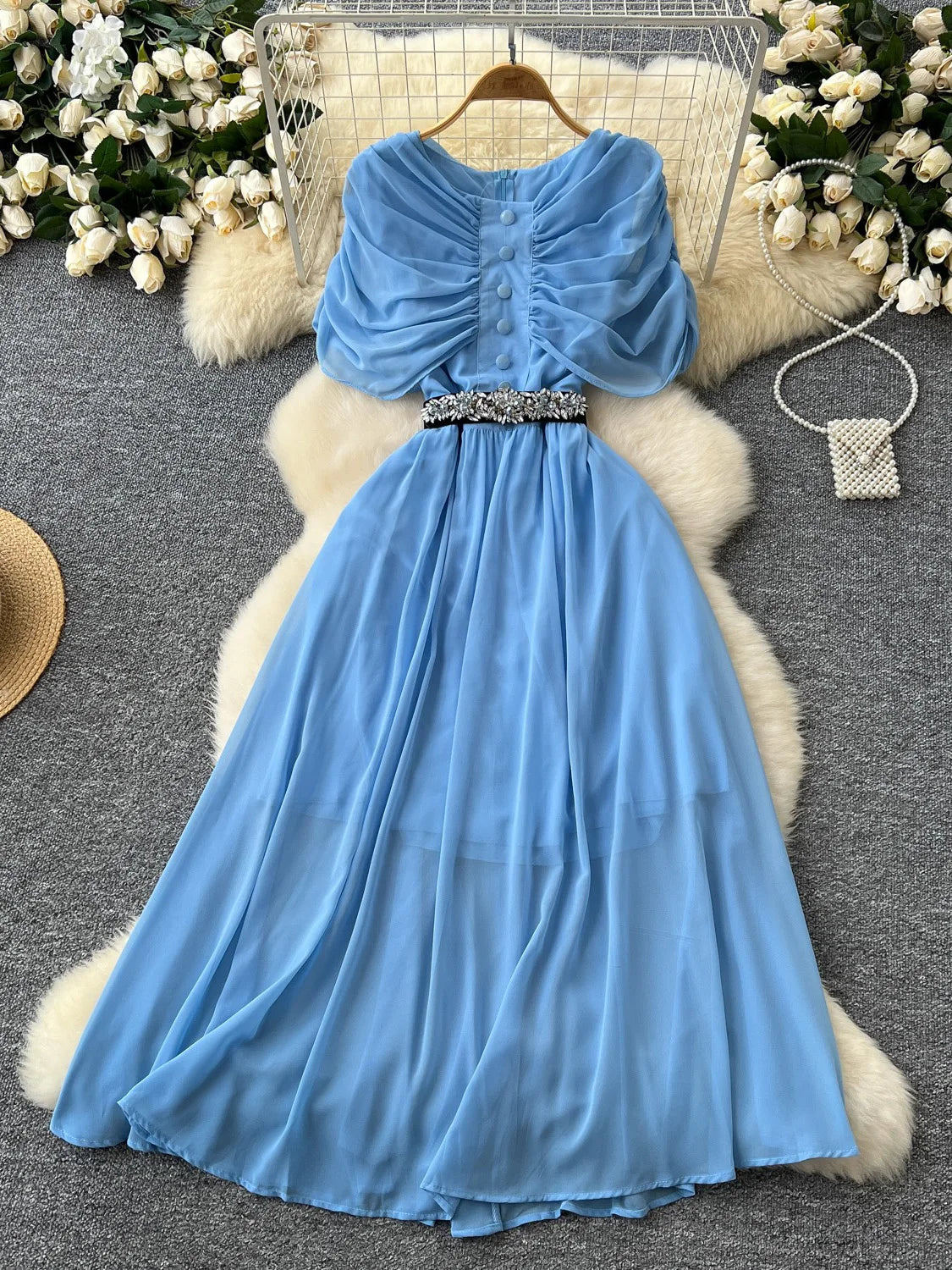 Maxy Spring Summer Women Red/Purple/Green Draped Chiffon Long Dress Vintage Round Neck High Waist A-Line Female Robe New
